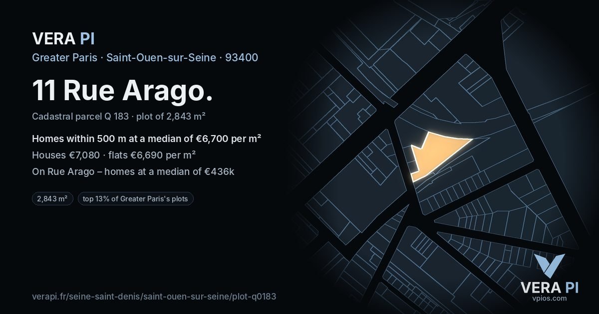 11 Rue Arago, Saint-Ouen-sur-Seine at night – the plot lit, the parcels around coloured by the prices near them