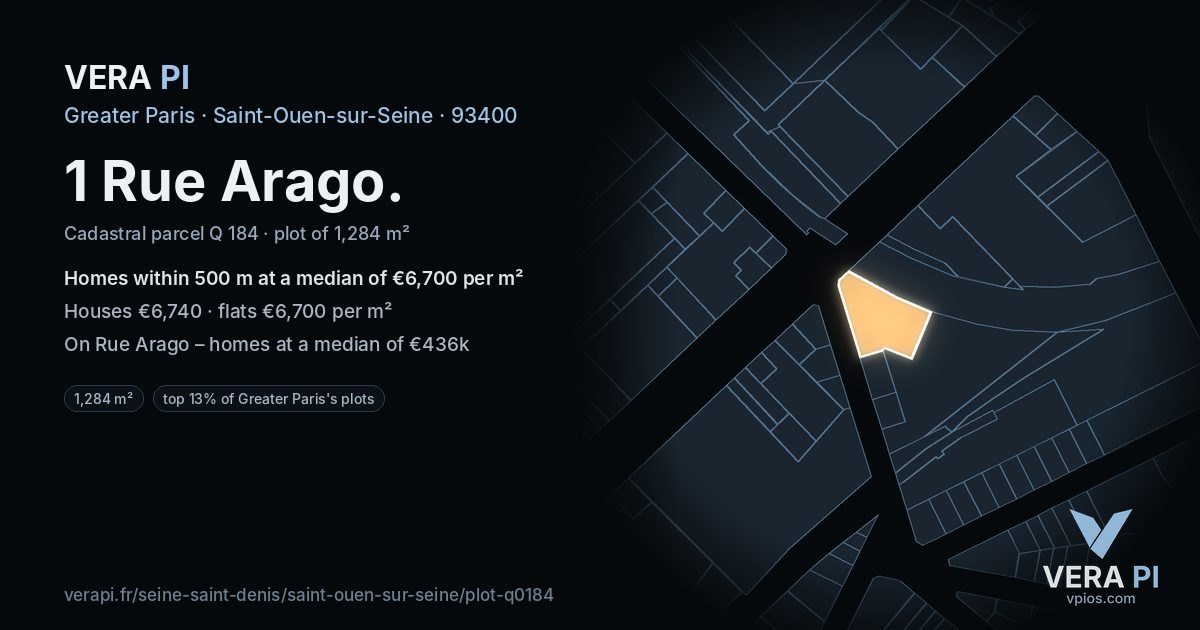 1 Rue Arago, Saint-Ouen-sur-Seine at night – the plot lit, the parcels around coloured by the prices near them