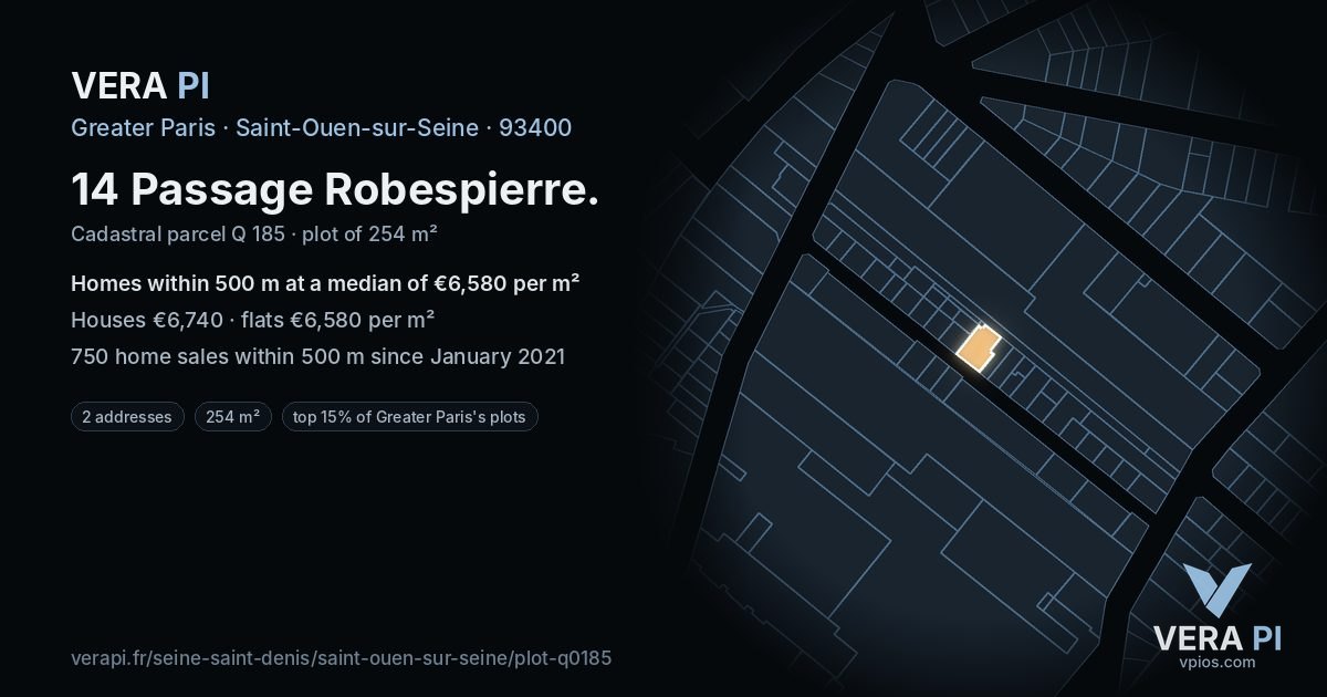 14 Passage Robespierre, Saint-Ouen-sur-Seine at night – the plot lit, the parcels around coloured by the prices near them