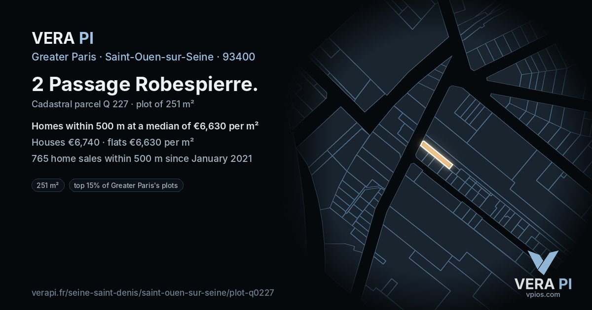 2 Passage Robespierre, Saint-Ouen-sur-Seine at night – the plot lit, the parcels around coloured by the prices near them