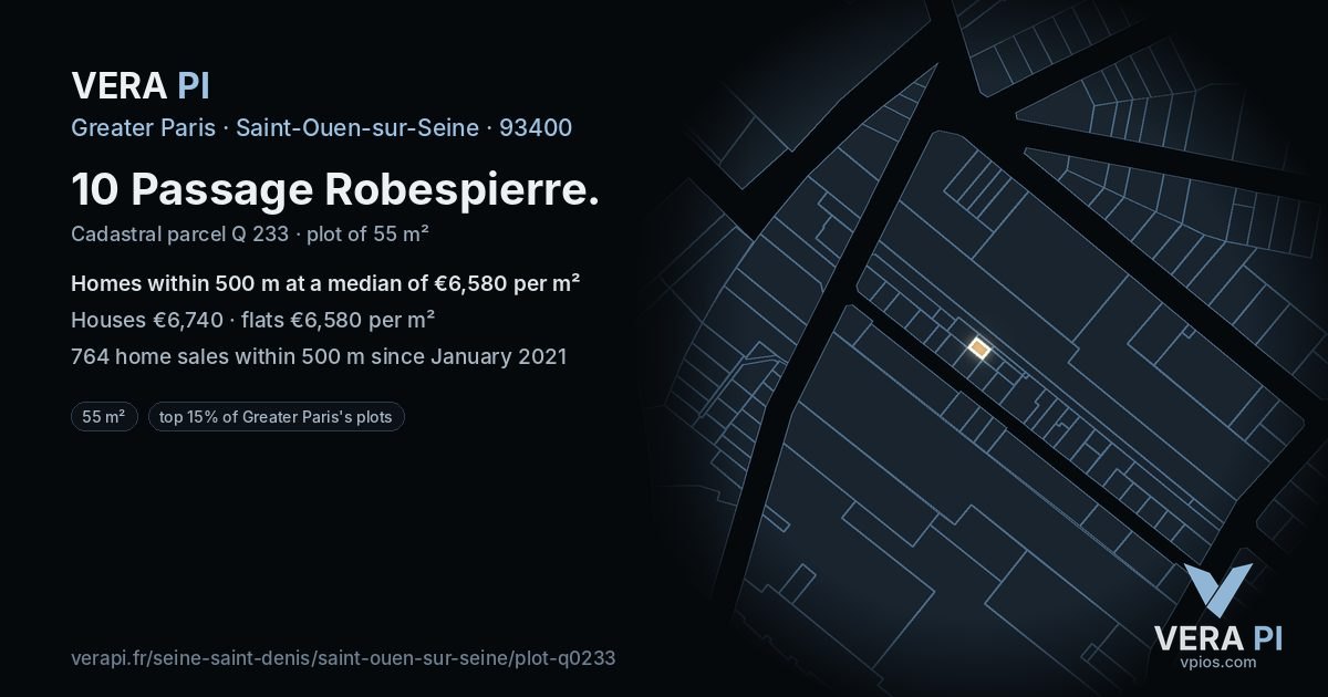 10 Passage Robespierre, Saint-Ouen-sur-Seine at night – the plot lit, the parcels around coloured by the prices near them