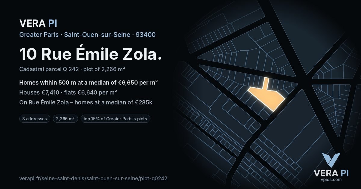10 Rue Émile Zola, Saint-Ouen-sur-Seine at night – the plot lit, the parcels around coloured by the prices near them