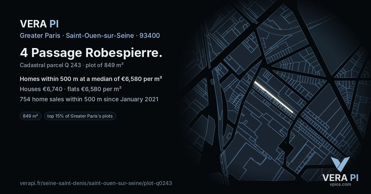 4 Passage Robespierre, Saint-Ouen-sur-Seine at night – the plot lit, the parcels around coloured by the prices near them