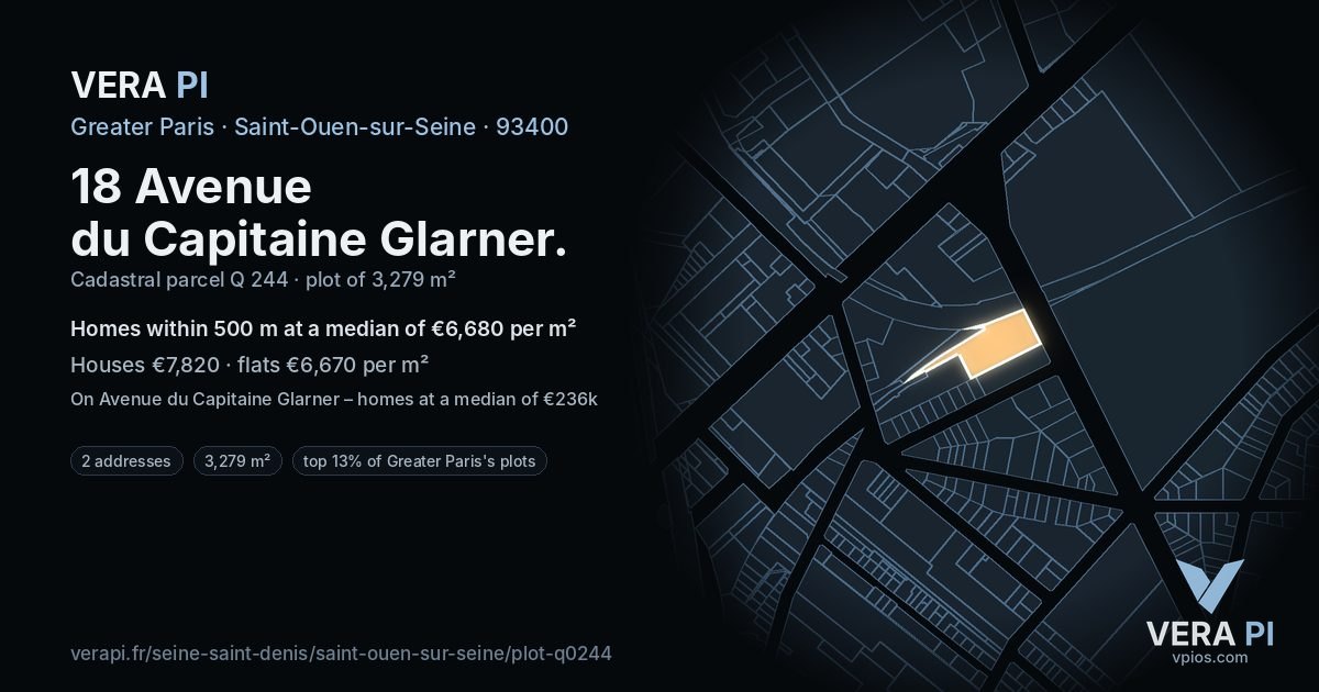 18 Avenue du Capitaine Glarner, Saint-Ouen-sur-Seine at night – the plot lit, the parcels around coloured by the prices near them