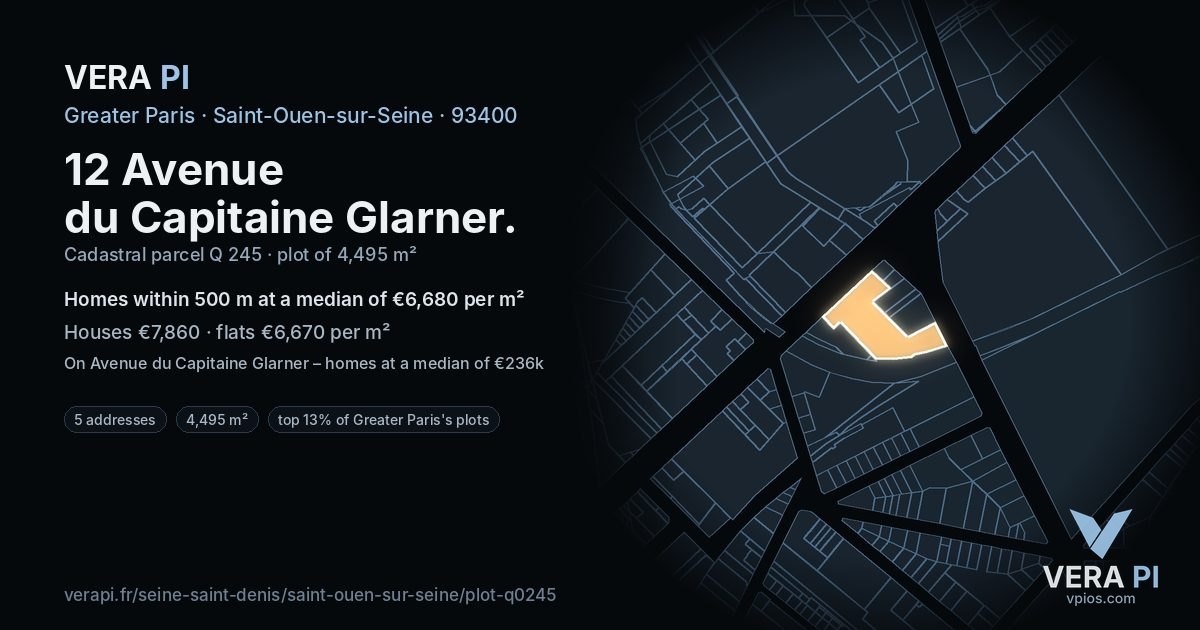 12 Avenue du Capitaine Glarner, Saint-Ouen-sur-Seine at night – the plot lit, the parcels around coloured by the prices near them