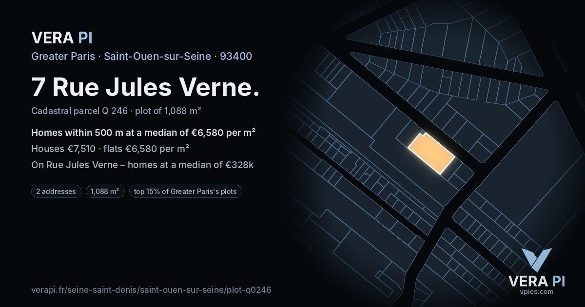 7 Rue Jules Verne, Saint-Ouen-sur-Seine at night – the plot lit, the parcels around coloured by the prices near them