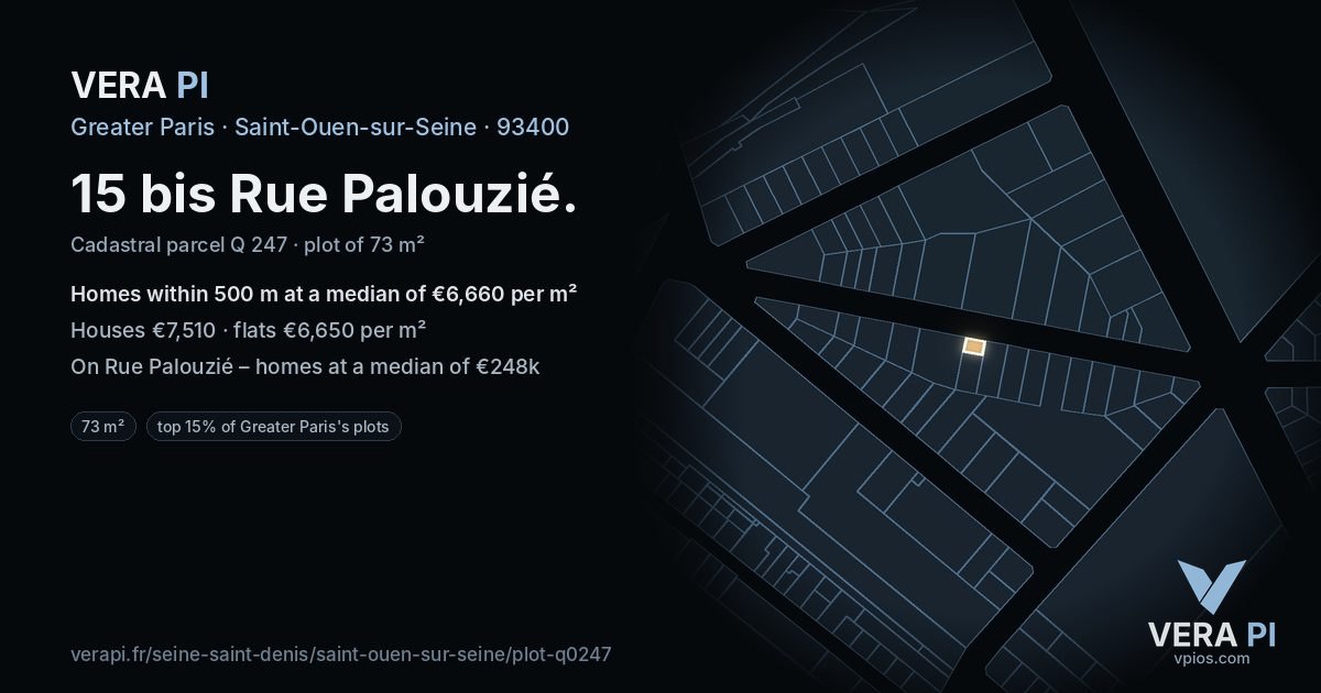 15 bis Rue Palouzié, Saint-Ouen-sur-Seine at night – the plot lit, the parcels around coloured by the prices near them