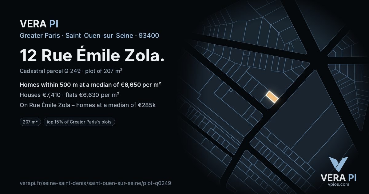 12 Rue Émile Zola, Saint-Ouen-sur-Seine at night – the plot lit, the parcels around coloured by the prices near them