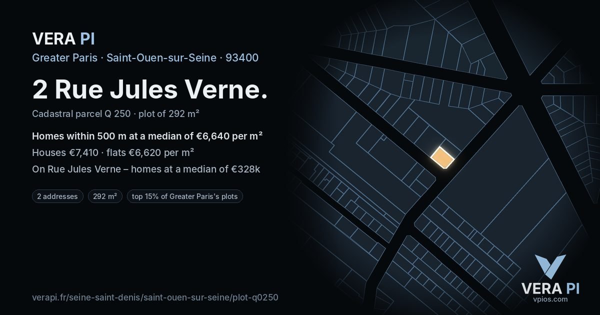 2 Rue Jules Verne, Saint-Ouen-sur-Seine at night – the plot lit, the parcels around coloured by the prices near them
