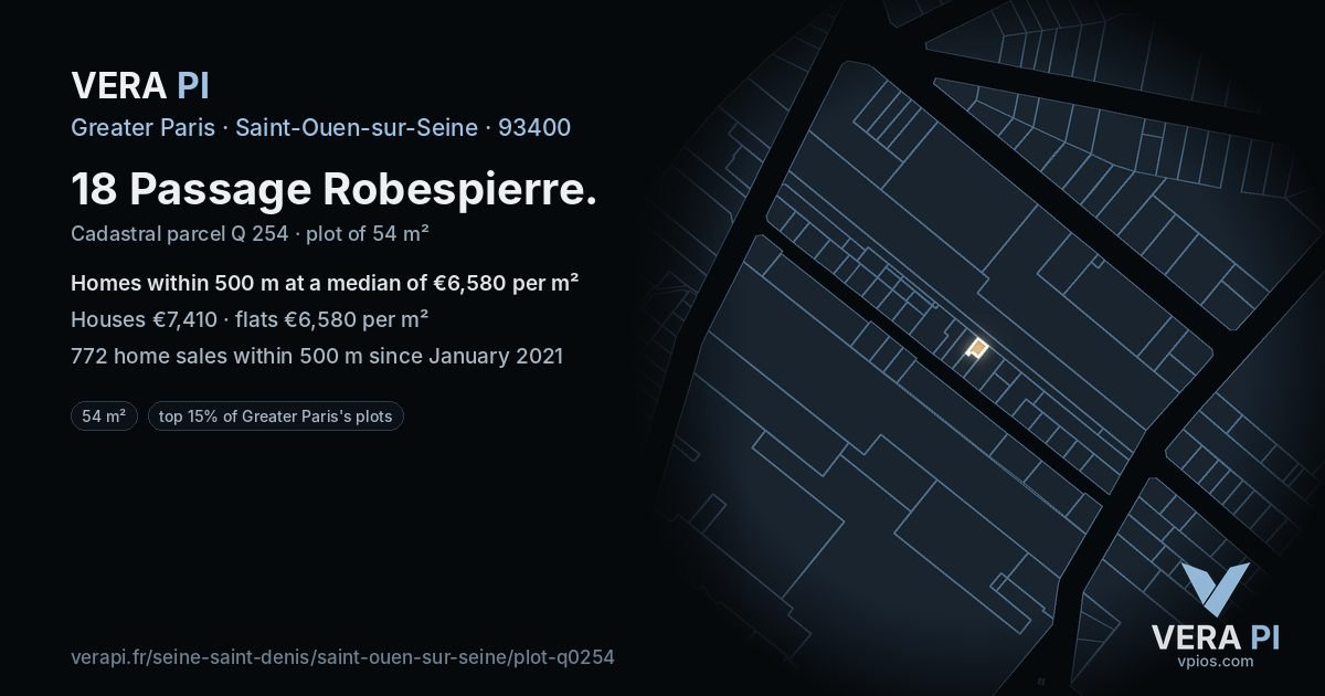 18 Passage Robespierre, Saint-Ouen-sur-Seine at night – the plot lit, the parcels around coloured by the prices near them