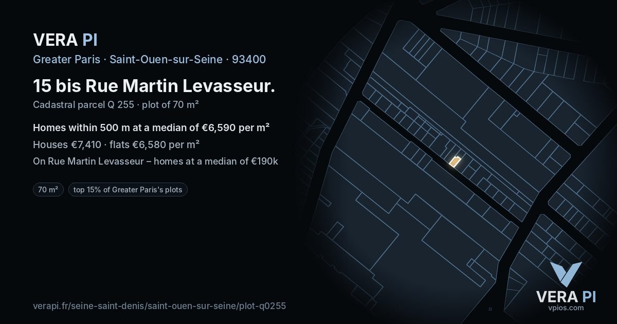 15 bis Rue Martin Levasseur, Saint-Ouen-sur-Seine at night – the plot lit, the parcels around coloured by the prices near them