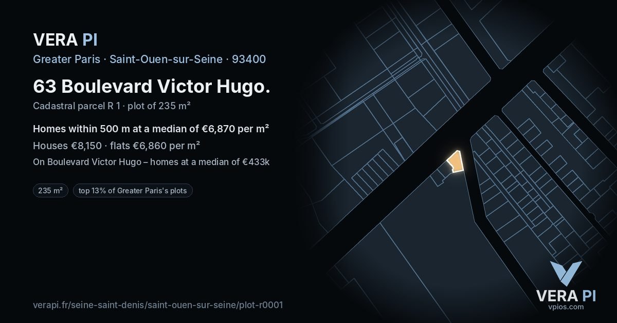 63 Boulevard Victor Hugo, Saint-Ouen-sur-Seine at night – the plot lit, the parcels around coloured by the prices near them