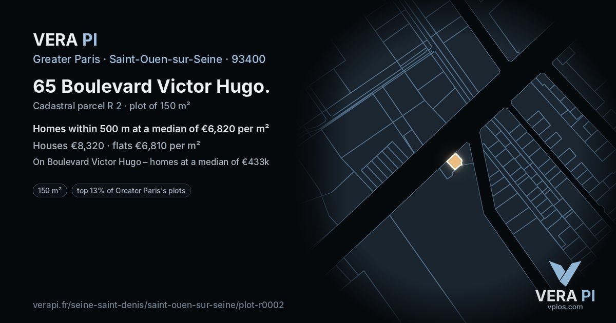 65 Boulevard Victor Hugo, Saint-Ouen-sur-Seine at night – the plot lit, the parcels around coloured by the prices near them