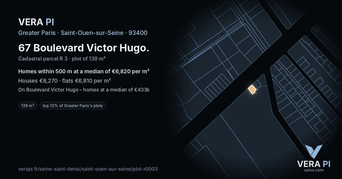 67 Boulevard Victor Hugo, Saint-Ouen-sur-Seine at night – the plot lit, the parcels around coloured by the prices near them