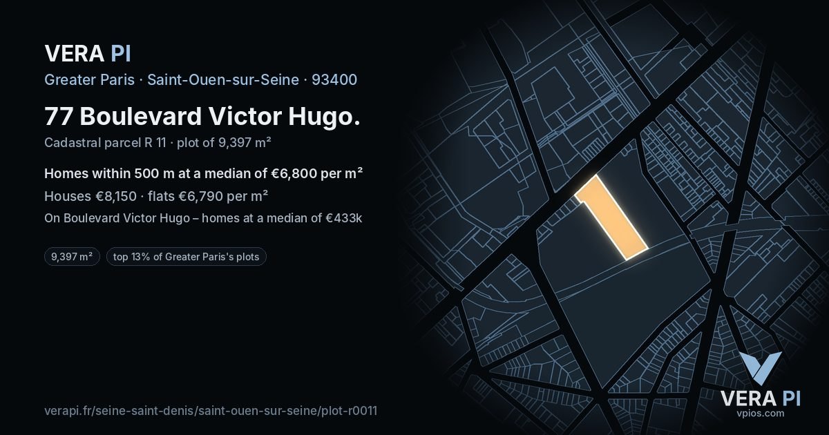 77 Boulevard Victor Hugo, Saint-Ouen-sur-Seine at night – the plot lit, the parcels around coloured by the prices near them