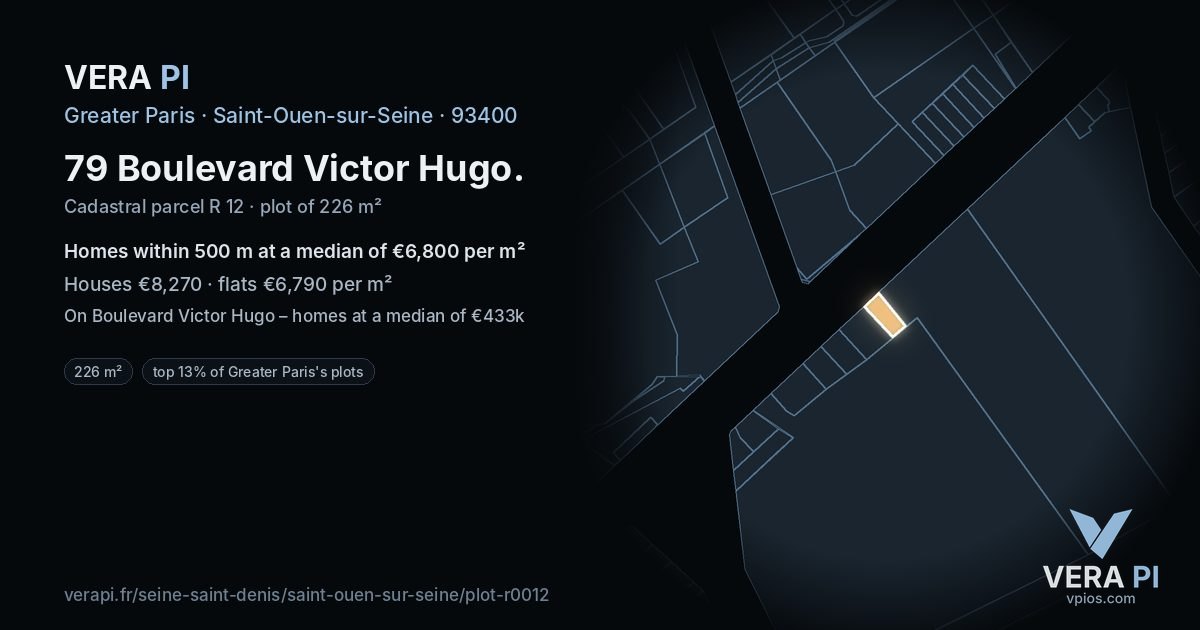 79 Boulevard Victor Hugo, Saint-Ouen-sur-Seine at night – the plot lit, the parcels around coloured by the prices near them
