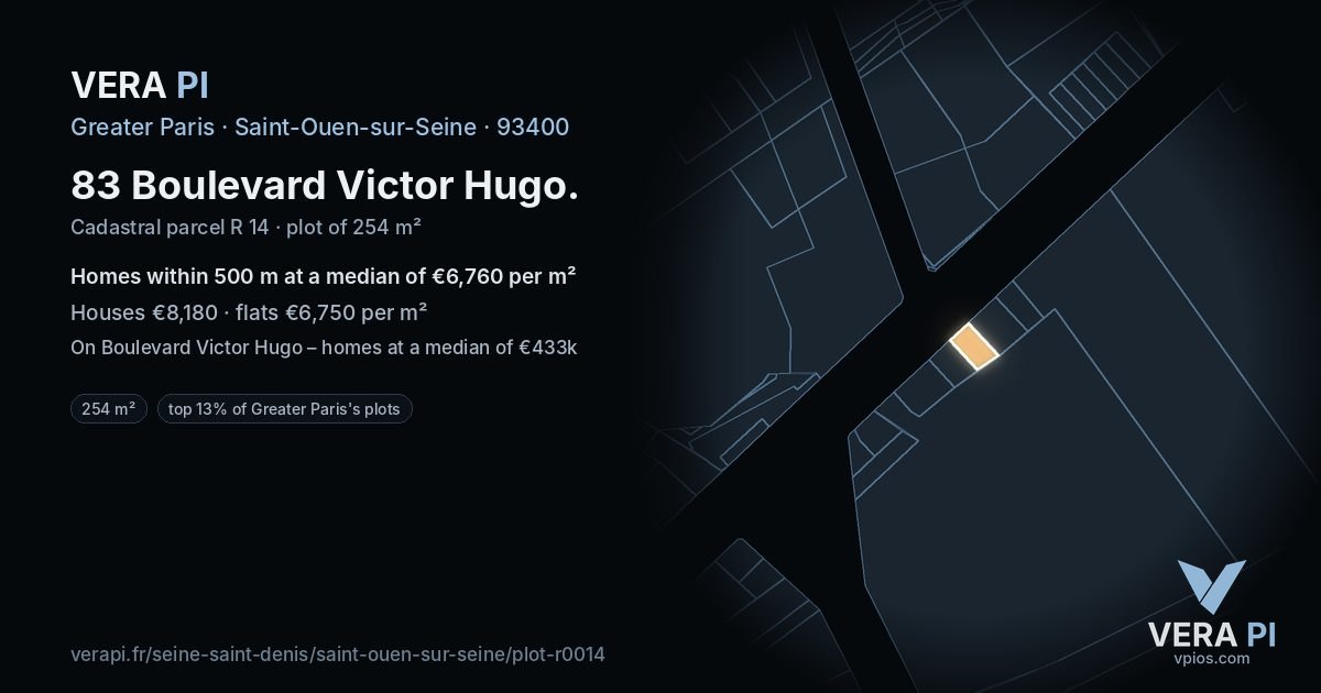 83 Boulevard Victor Hugo, Saint-Ouen-sur-Seine at night – the plot lit, the parcels around coloured by the prices near them