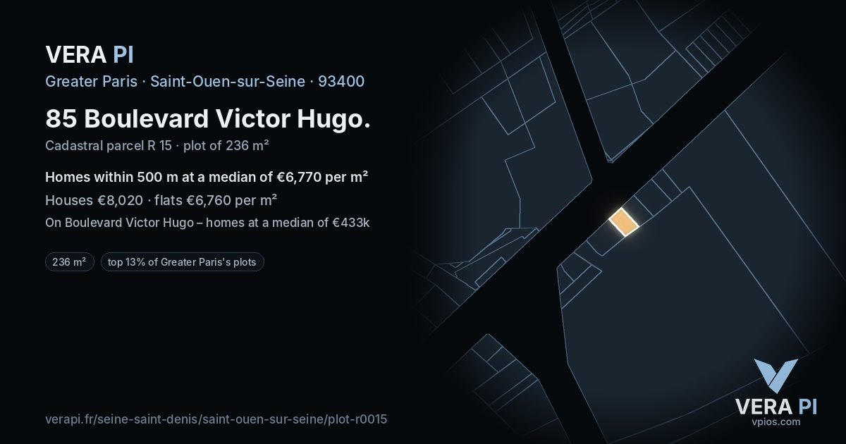 85 Boulevard Victor Hugo, Saint-Ouen-sur-Seine at night – the plot lit, the parcels around coloured by the prices near them