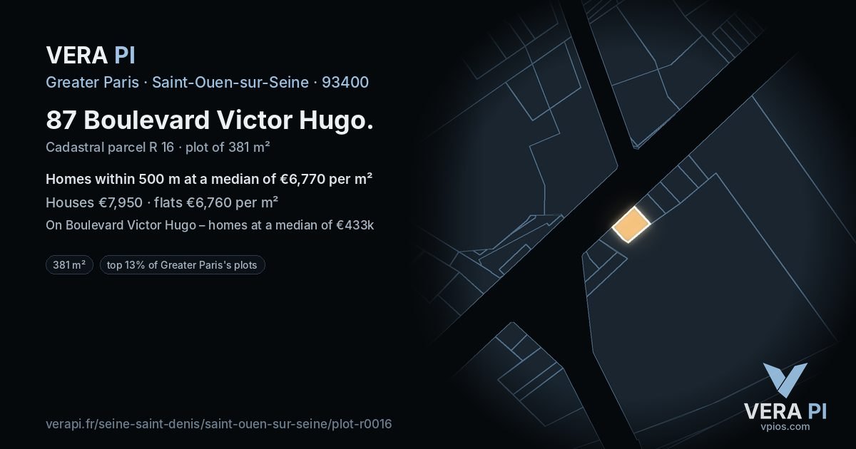 87 Boulevard Victor Hugo, Saint-Ouen-sur-Seine at night – the plot lit, the parcels around coloured by the prices near them