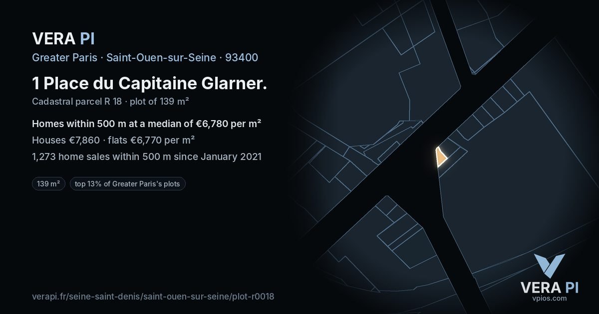 1 Place du Capitaine Glarner, Saint-Ouen-sur-Seine at night – the plot lit, the parcels around coloured by the prices near them
