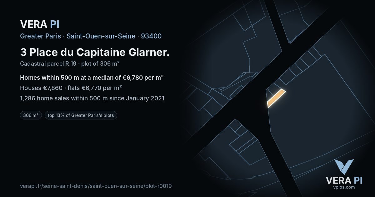 3 Place du Capitaine Glarner, Saint-Ouen-sur-Seine at night – the plot lit, the parcels around coloured by the prices near them