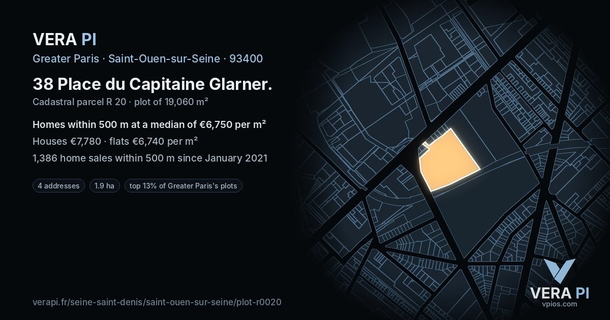 38 Place du Capitaine Glarner, Saint-Ouen-sur-Seine at night – the plot lit, the parcels around coloured by the prices near them