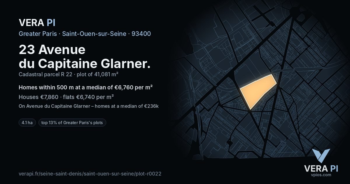 23 Avenue du Capitaine Glarner, Saint-Ouen-sur-Seine at night – the plot lit, the parcels around coloured by the prices near them