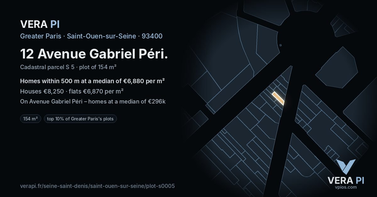 12 Avenue Gabriel Péri, Saint-Ouen-sur-Seine at night – the plot lit, the parcels around coloured by the prices near them