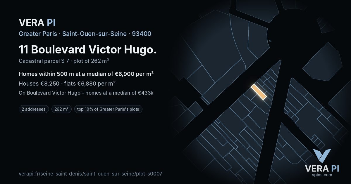 11 Boulevard Victor Hugo, Saint-Ouen-sur-Seine at night – the plot lit, the parcels around coloured by the prices near them