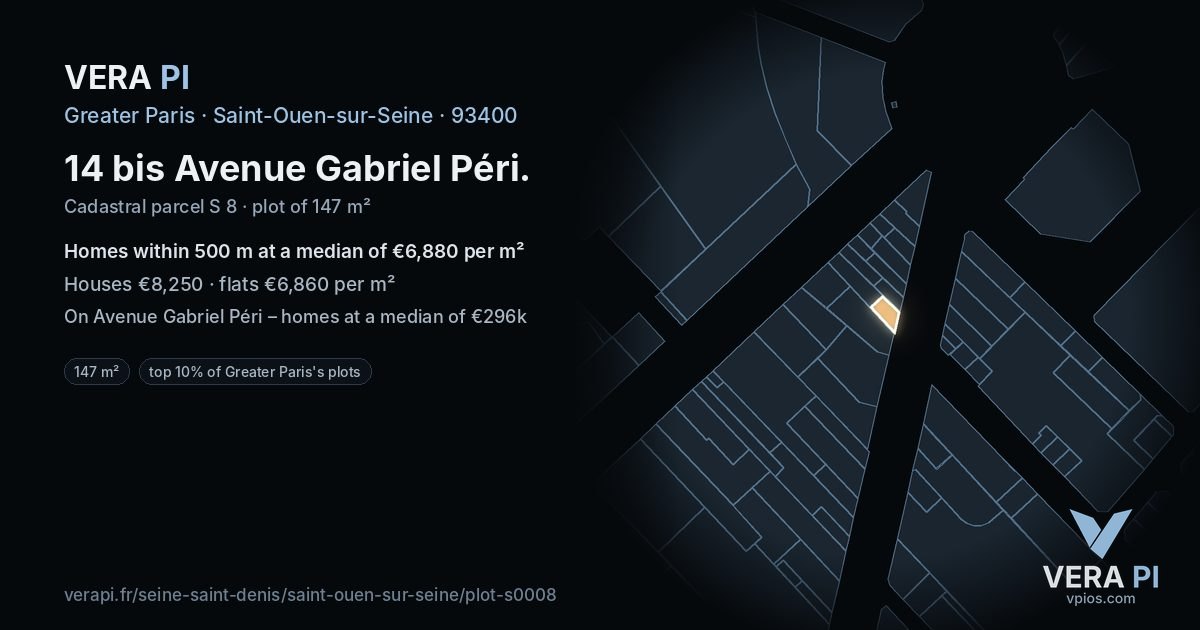 14 bis Avenue Gabriel Péri, Saint-Ouen-sur-Seine at night – the plot lit, the parcels around coloured by the prices near them