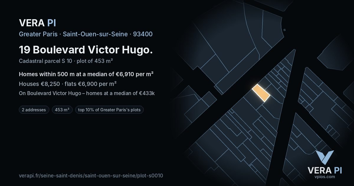 19 Boulevard Victor Hugo, Saint-Ouen-sur-Seine at night – the plot lit, the parcels around coloured by the prices near them