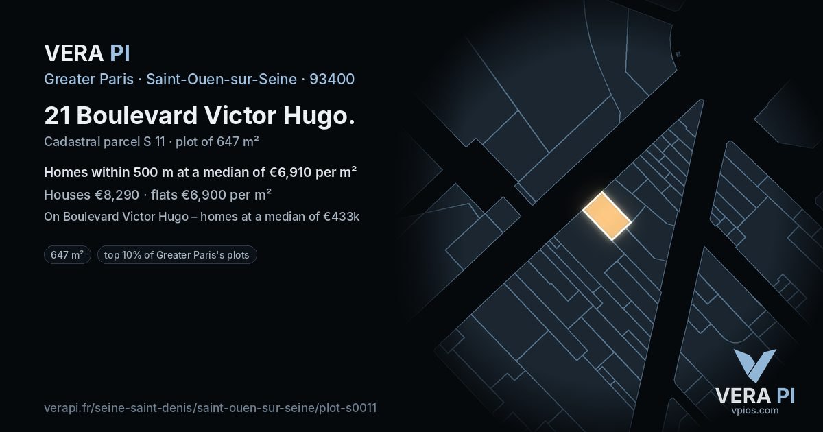 21 Boulevard Victor Hugo, Saint-Ouen-sur-Seine at night – the plot lit, the parcels around coloured by the prices near them