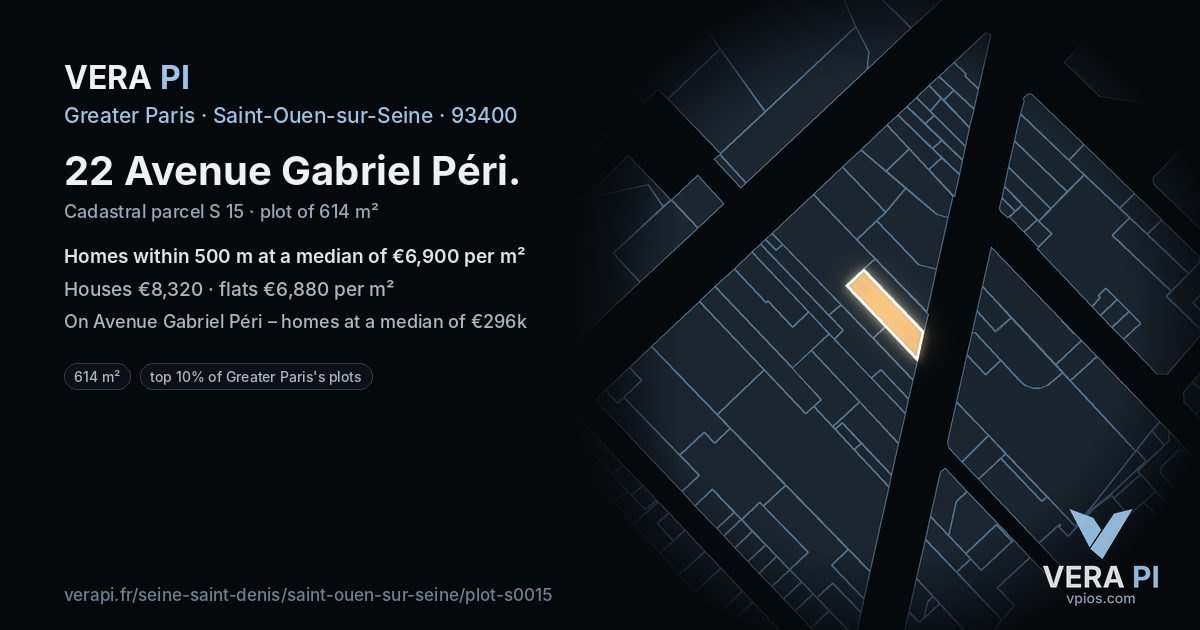 22 Avenue Gabriel Péri, Saint-Ouen-sur-Seine at night – the plot lit, the parcels around coloured by the prices near them