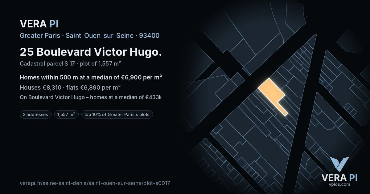 25 Boulevard Victor Hugo, Saint-Ouen-sur-Seine at night – the plot lit, the parcels around coloured by the prices near them