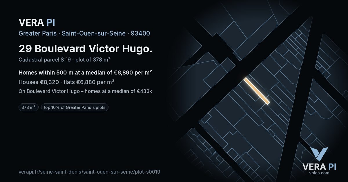 29 Boulevard Victor Hugo, Saint-Ouen-sur-Seine at night – the plot lit, the parcels around coloured by the prices near them