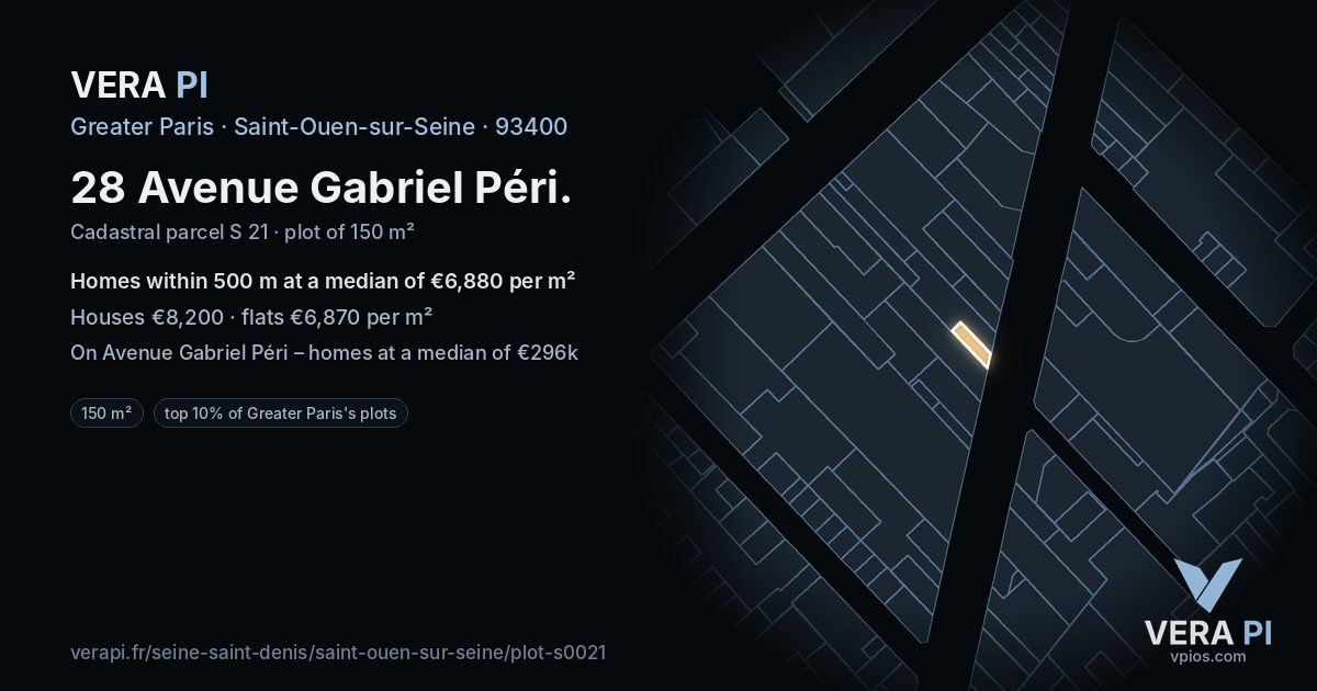 28 Avenue Gabriel Péri, Saint-Ouen-sur-Seine at night – the plot lit, the parcels around coloured by the prices near them
