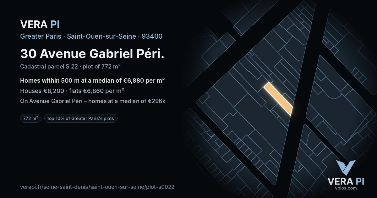 30 Avenue Gabriel Péri, Saint-Ouen-sur-Seine at night – the plot lit, the parcels around coloured by the prices near them
