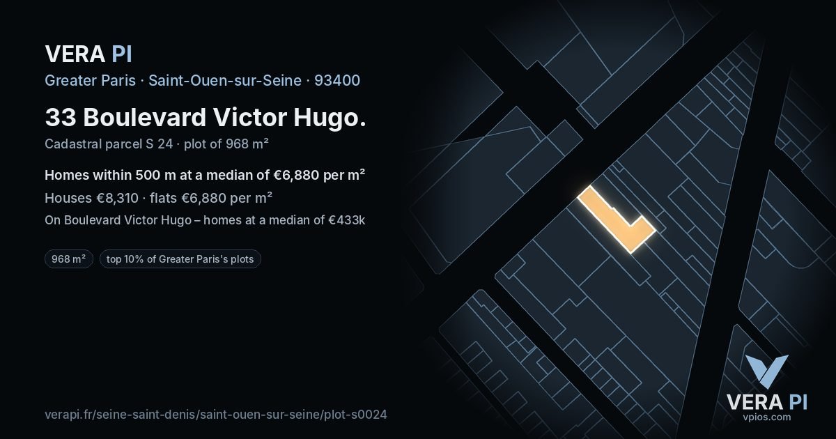 33 Boulevard Victor Hugo, Saint-Ouen-sur-Seine at night – the plot lit, the parcels around coloured by the prices near them