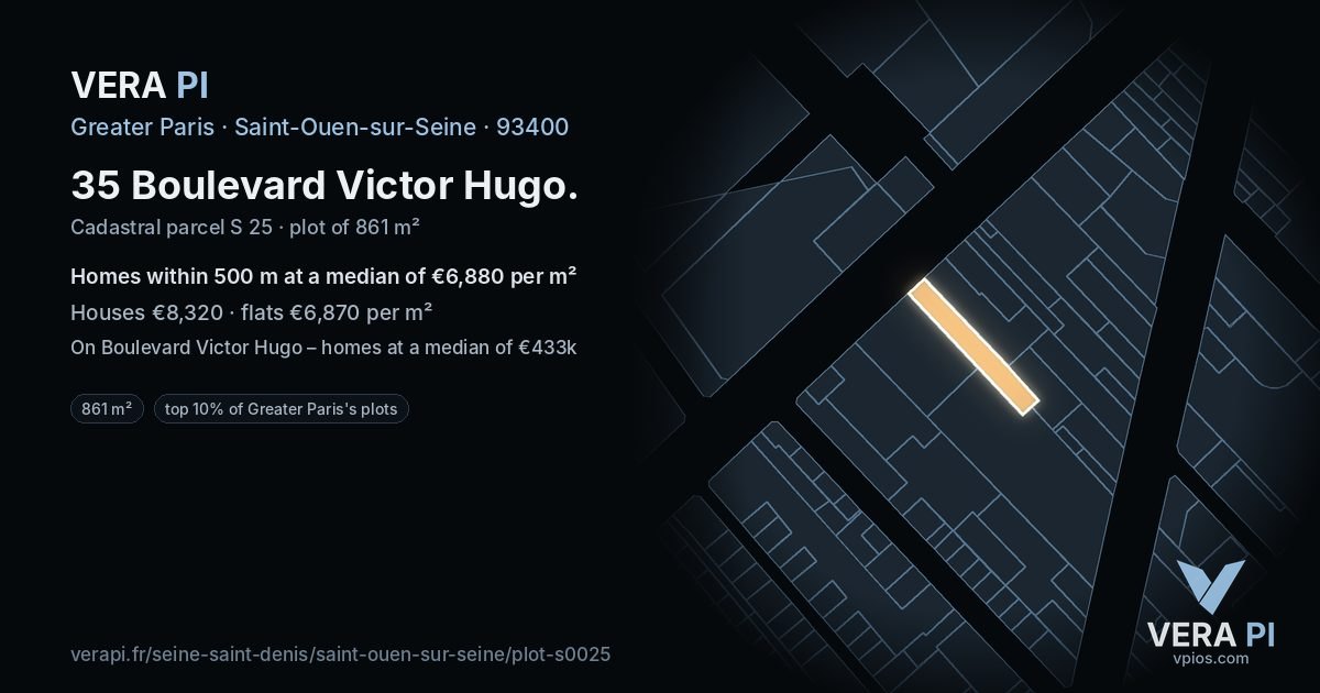 35 Boulevard Victor Hugo, Saint-Ouen-sur-Seine at night – the plot lit, the parcels around coloured by the prices near them
