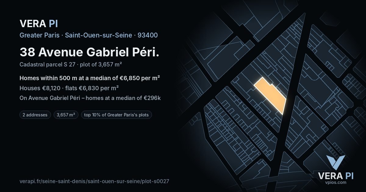 38 Avenue Gabriel Péri, Saint-Ouen-sur-Seine at night – the plot lit, the parcels around coloured by the prices near them