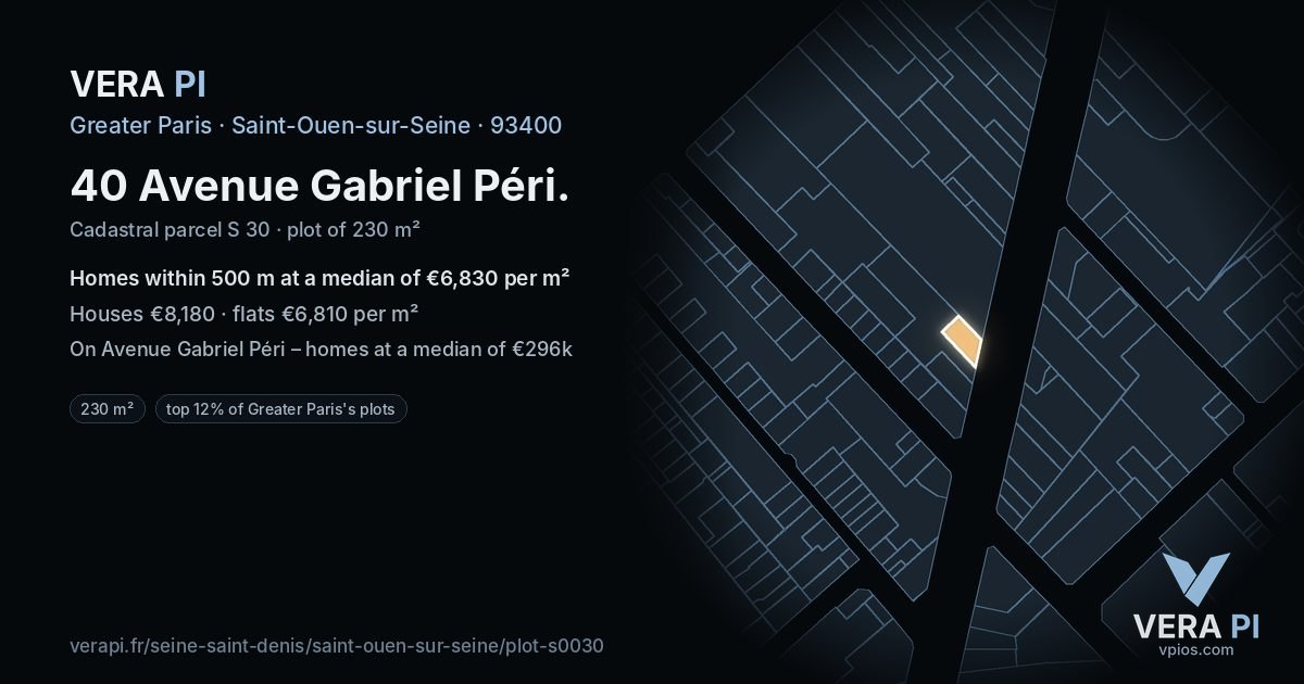 40 Avenue Gabriel Péri, Saint-Ouen-sur-Seine at night – the plot lit, the parcels around coloured by the prices near them