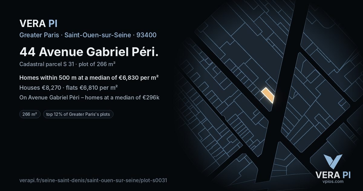 44 Avenue Gabriel Péri, Saint-Ouen-sur-Seine at night – the plot lit, the parcels around coloured by the prices near them
