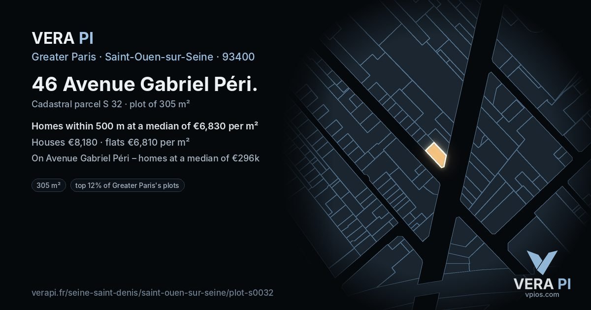 46 Avenue Gabriel Péri, Saint-Ouen-sur-Seine at night – the plot lit, the parcels around coloured by the prices near them