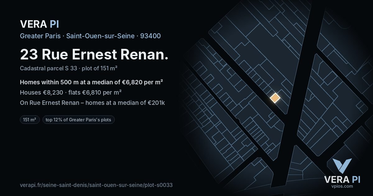 23 Rue Ernest Renan, Saint-Ouen-sur-Seine at night – the plot lit, the parcels around coloured by the prices near them