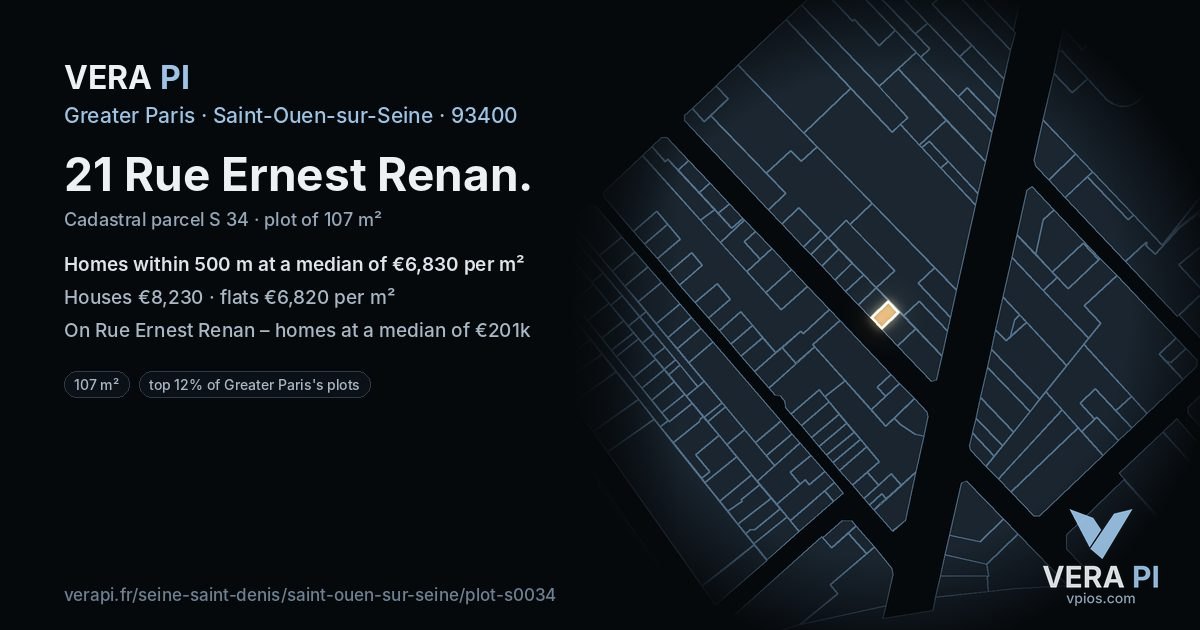 21 Rue Ernest Renan, Saint-Ouen-sur-Seine at night – the plot lit, the parcels around coloured by the prices near them