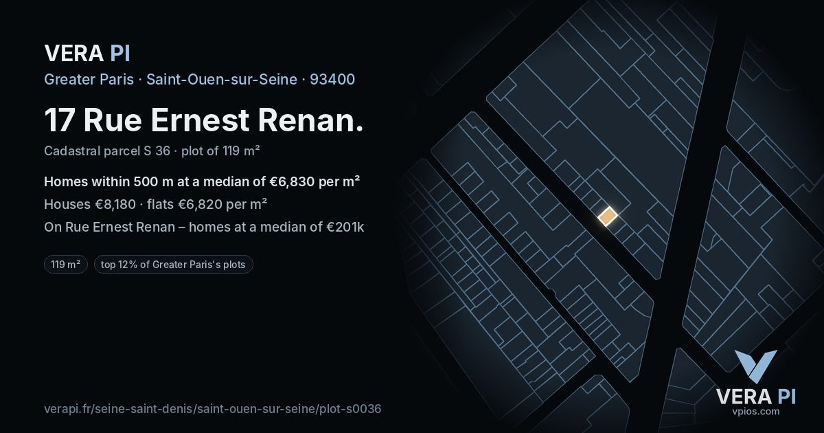 17 Rue Ernest Renan, Saint-Ouen-sur-Seine at night – the plot lit, the parcels around coloured by the prices near them