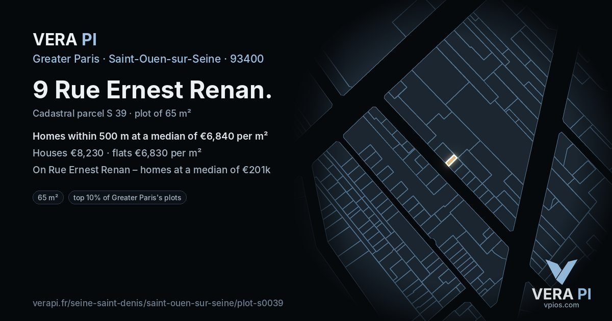 9 Rue Ernest Renan, Saint-Ouen-sur-Seine at night – the plot lit, the parcels around coloured by the prices near them