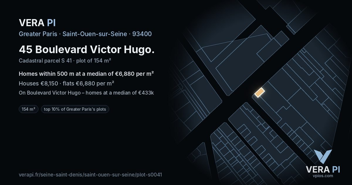 45 Boulevard Victor Hugo, Saint-Ouen-sur-Seine at night – the plot lit, the parcels around coloured by the prices near them