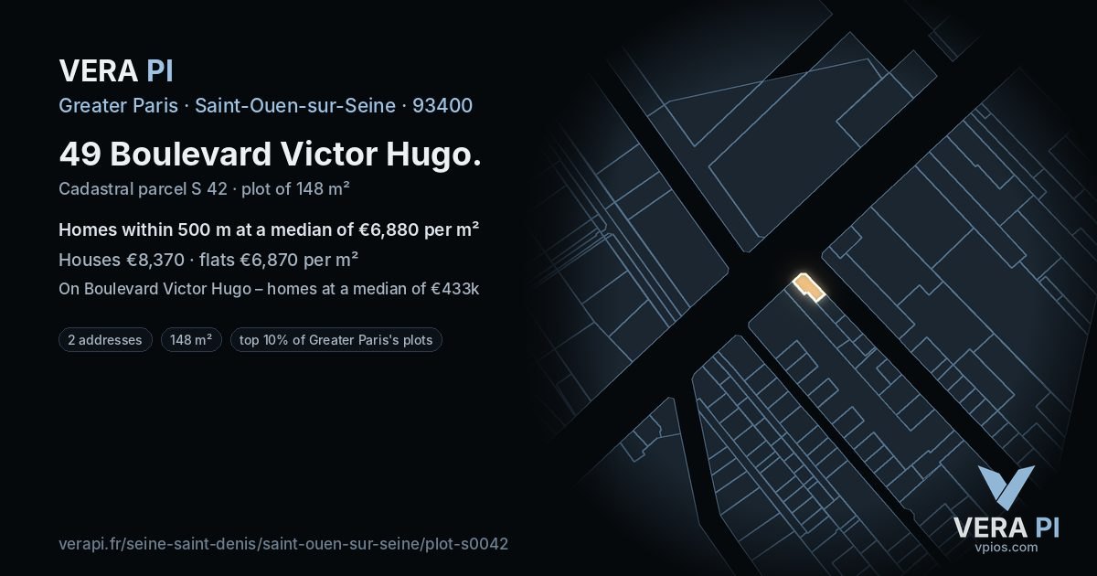 49 Boulevard Victor Hugo, Saint-Ouen-sur-Seine at night – the plot lit, the parcels around coloured by the prices near them