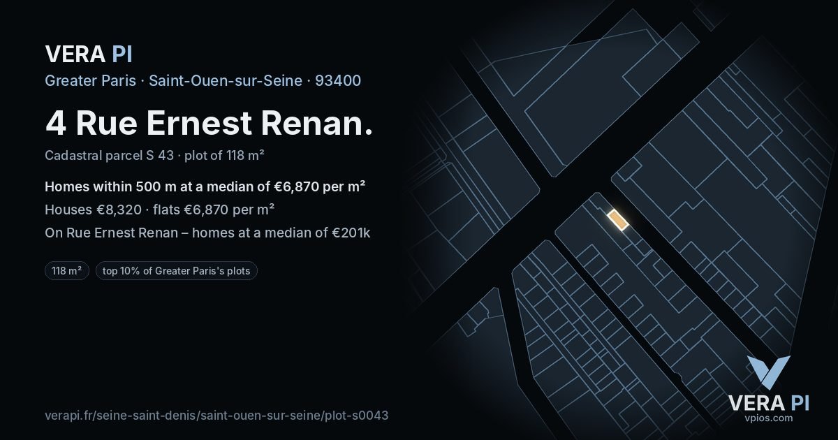 4 Rue Ernest Renan, Saint-Ouen-sur-Seine at night – the plot lit, the parcels around coloured by the prices near them